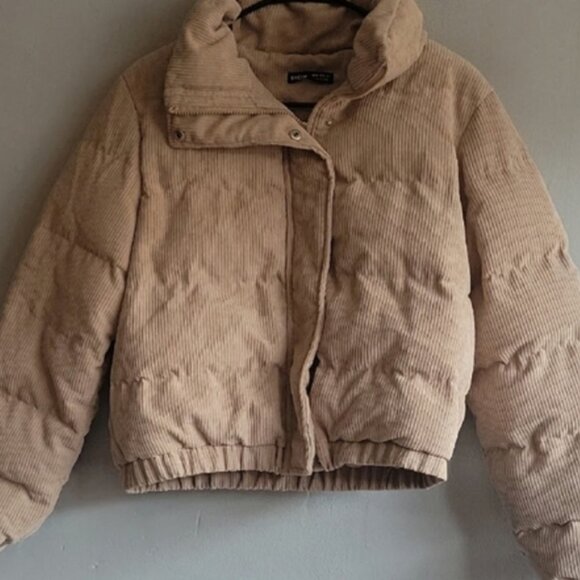 NEW women's medium beige tan corduroy puffer jacket cropped cozy coat oversized - Picture 9 of 9